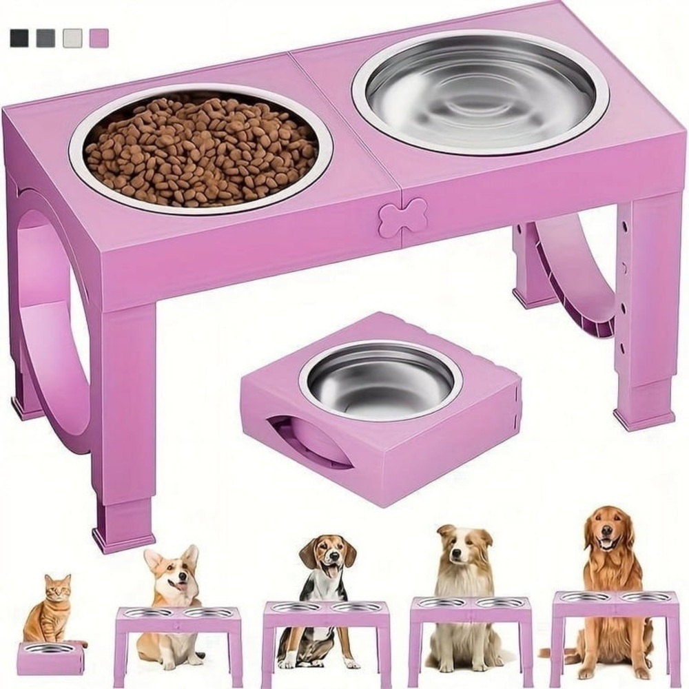 Adjustable Pink Elevated Dog Bowl Stand with Stainless Steel Bowls